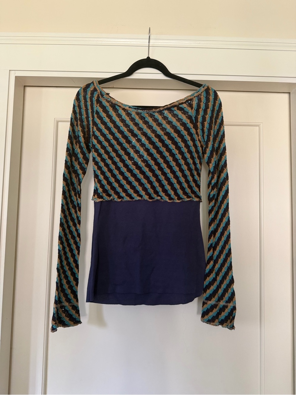 Anthropologie Blue/Brown Diagonal Stripe Crochet Knit Top, L (NWT) — Runs Small - Picture 9 of 9
